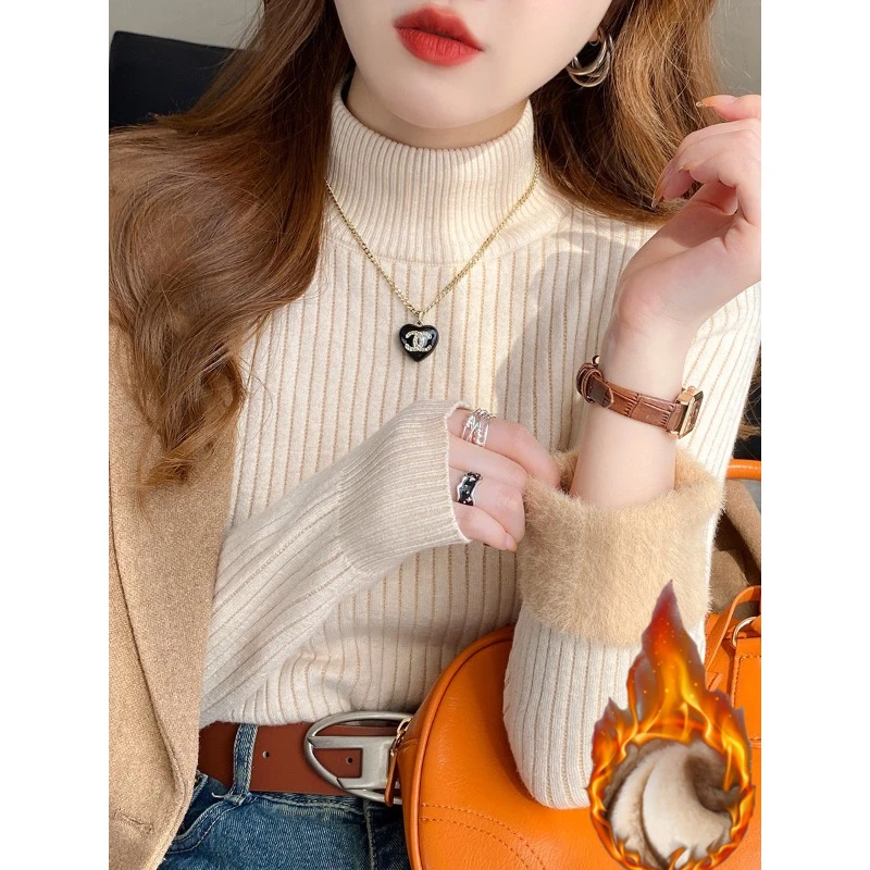 Pull à col roulé pour femme, rétro rouge, avec doublure en velours, vêtements intérieurs épais, chemise à bascule en tricot thermique, hiver 2025