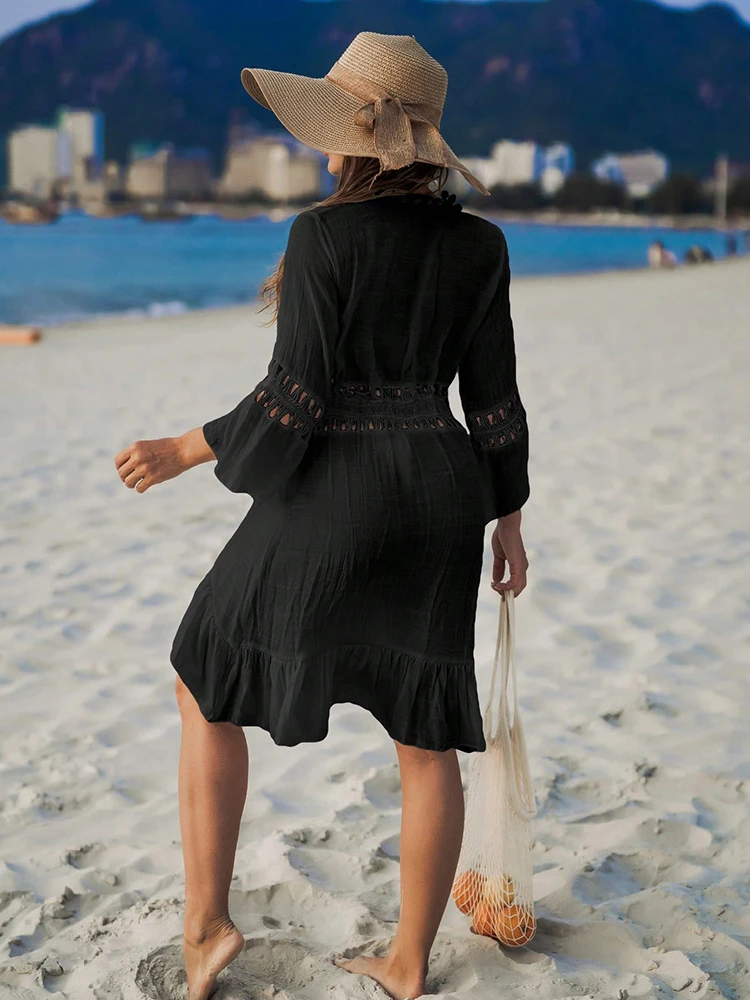 Robe de plage cache-maillot avec décorations en boules, cardigan léger et transparent à franges à nouer, style ajusté et sexy
