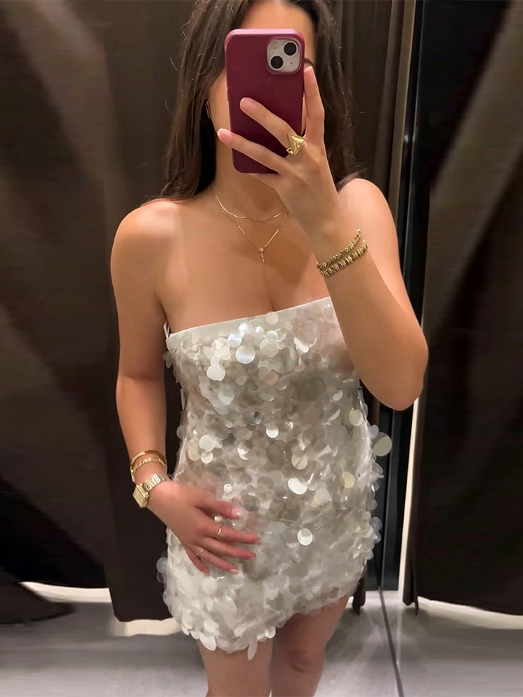 Mini-jupe sirène chic taille haute évasée à sequins irisés style Y2K pour femme, collection été 2026