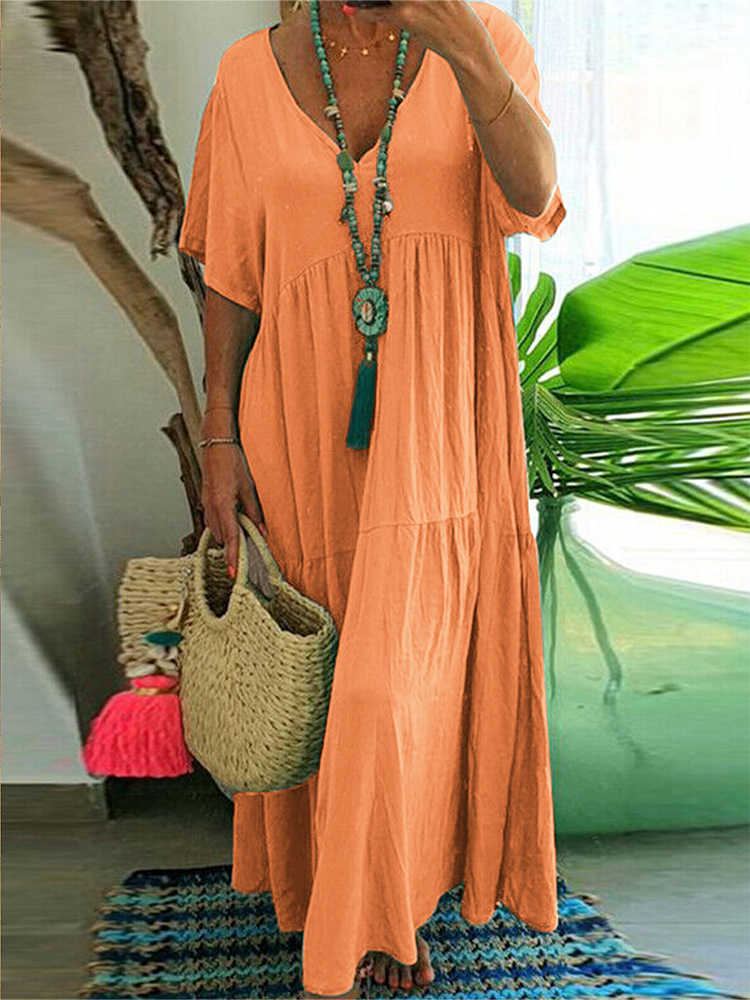 Robe longue décontractée pour femmes grandes tailles, coupe ample, col en V, couleur unie ; Robe plissée pour femmes grandes tailles printemps/été