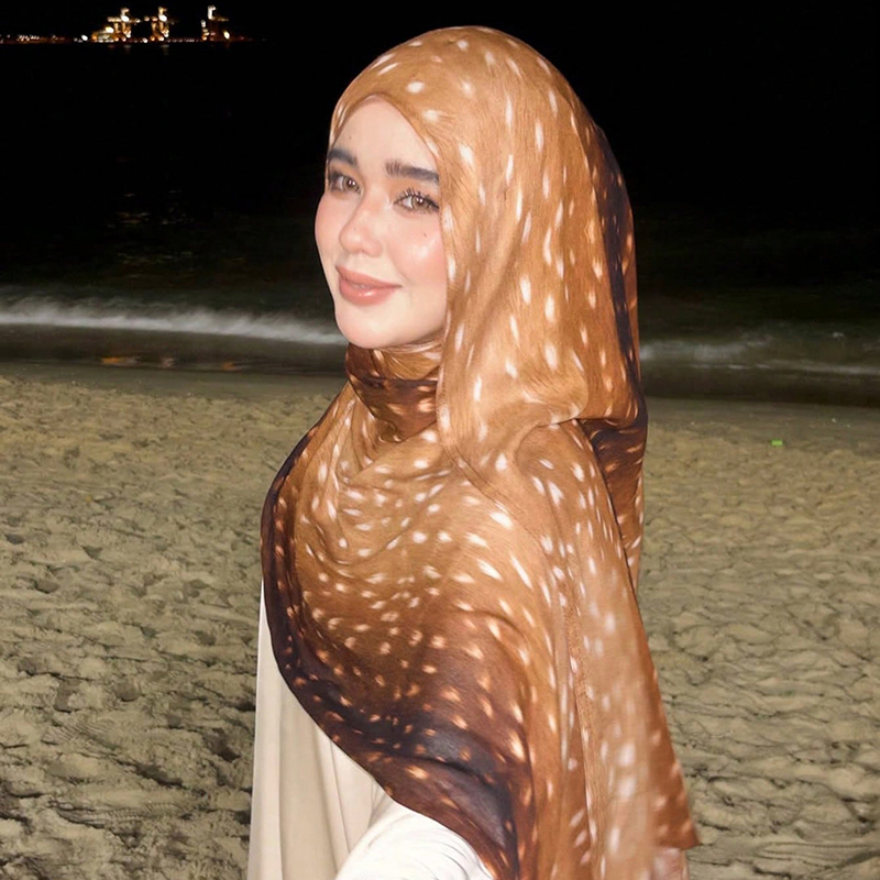 Foulard musulman imprimé aquarelle motif peau de cerf pour femme, châle léger en rayonne et coton doux et respirant, turban islamique