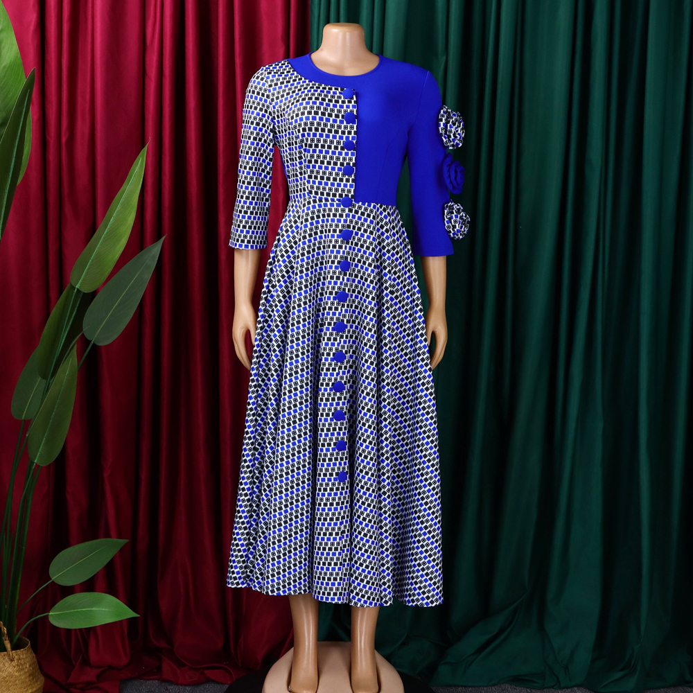 Robes élégantes pour femmes, mode africaine, manches 3/4, fête d'anniversaire, nouvelle Robe Chic à carreaux de fleurs 3D, Robe de soirée trapèze, automne 2025
