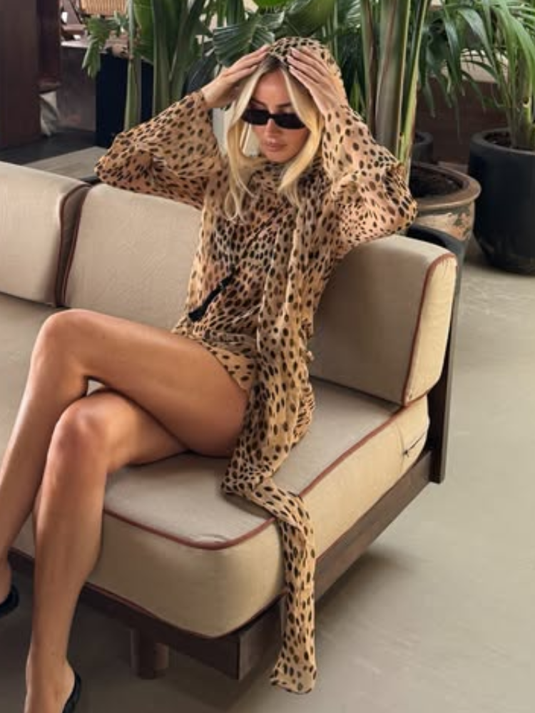 Robe courte transparente à imprimé léopard vintage pour femmes, col écharpe, manches longues, robes féminines, robes de vacances pour femmes été 2026