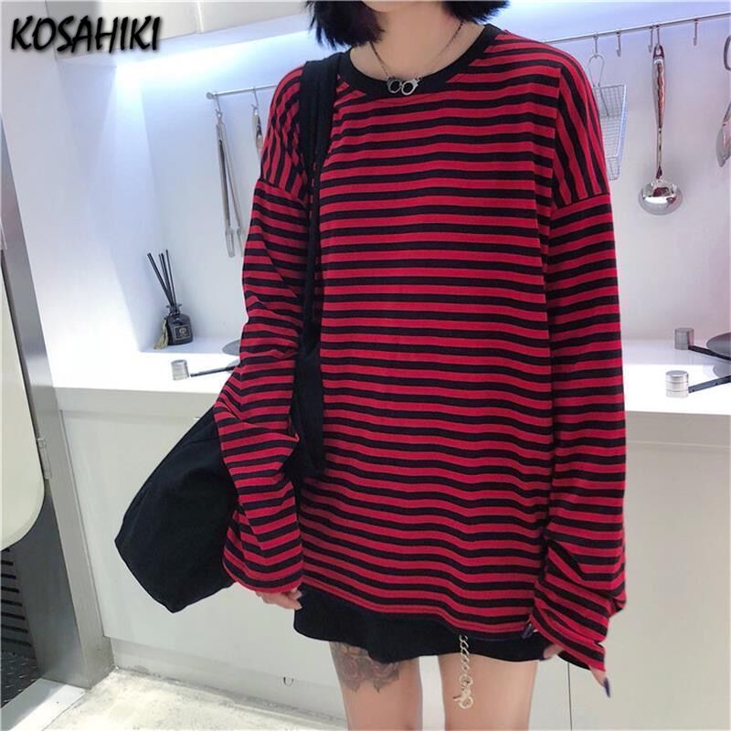 KOSAHIKI – T-shirts à manches longues pour femmes, T-shirts amples rayés, hauts surdimensionnés, décontractés, de Style coréen, tendance, Ulzzang, printemps-automne