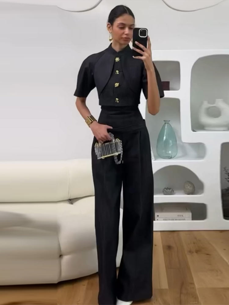 Ensemble décontracté en jean pour femme : haut cintré à col montant et manches courtes, pantalon large – Nouvelle tenue printemps 2026 pour femme