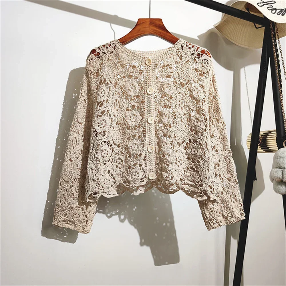 Cardigan en coton et dentelle pour femme, petit châle, col rond, manches longues, couleur unie, décontracté, ajouré, printemps et été, 2024