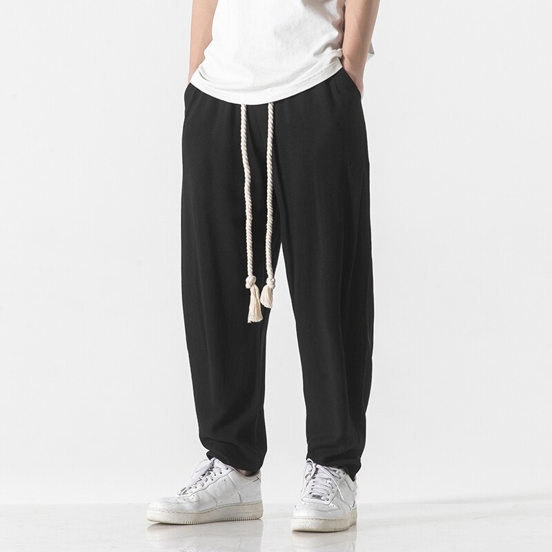 Pantalon en coton et lin pour hommes, sarouel respirant, couleur unie, Streetwear, blanc, longueur cheville, été