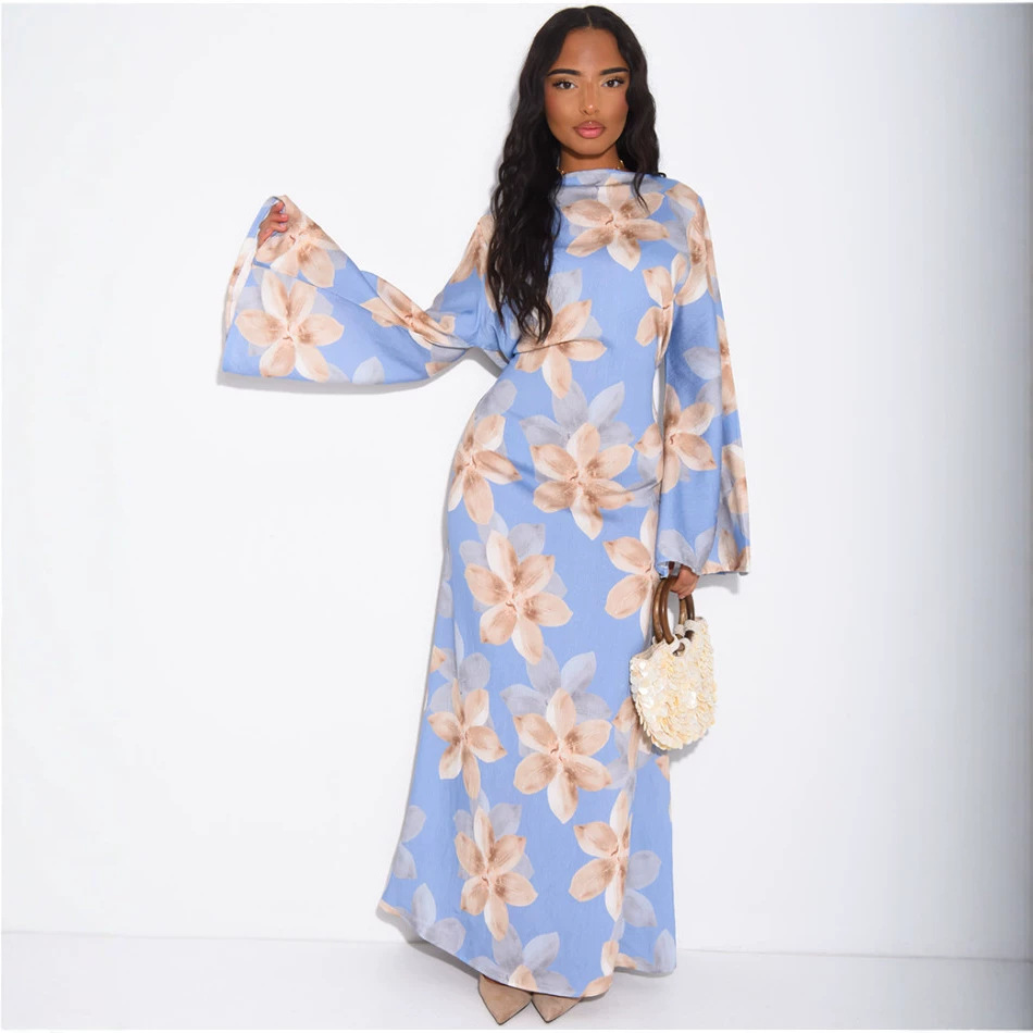 Robe Abaya pour femme Eid, Jalabiya musulmane à imprimé floral, Abayas à lacets, Kaftan arabe, longue robe, Ramadan, Maroc, Dubaï, Vestidos
