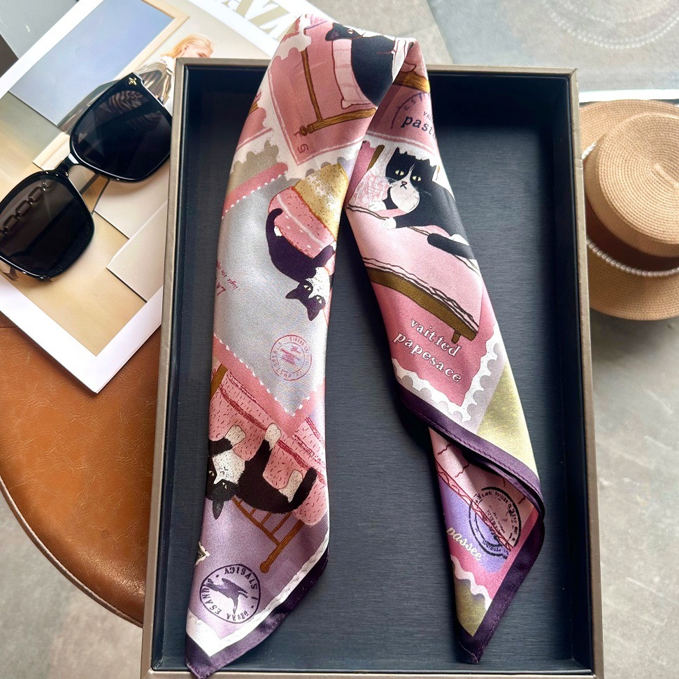 Foulard carré 100% Soie de Mûrier pour Femme, imprimé chats mignons, écharpe de cou, bandeau de tête, bandana, mouchoir