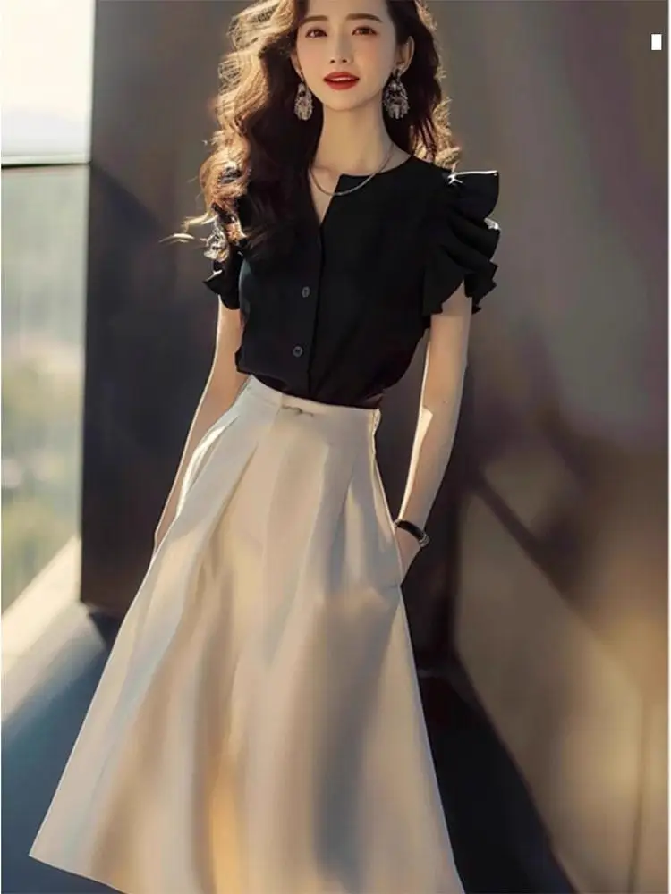 Tenue de plage en mousseline de soie pour femmes, jupe à manches longues, ensemble 2 pièces noir, élégant, décontracté, élégant, vêtements Y2k, Chic, nouvelle collection assortie