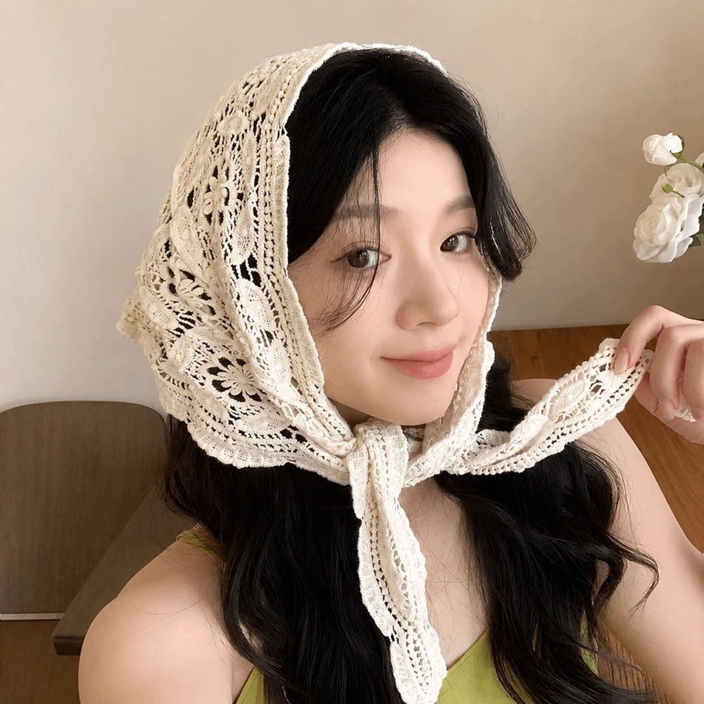 Foulard tricoté ajouré beige tendance, accessoires pour cheveux, foulard triangulaire, bandeaux pour femmes