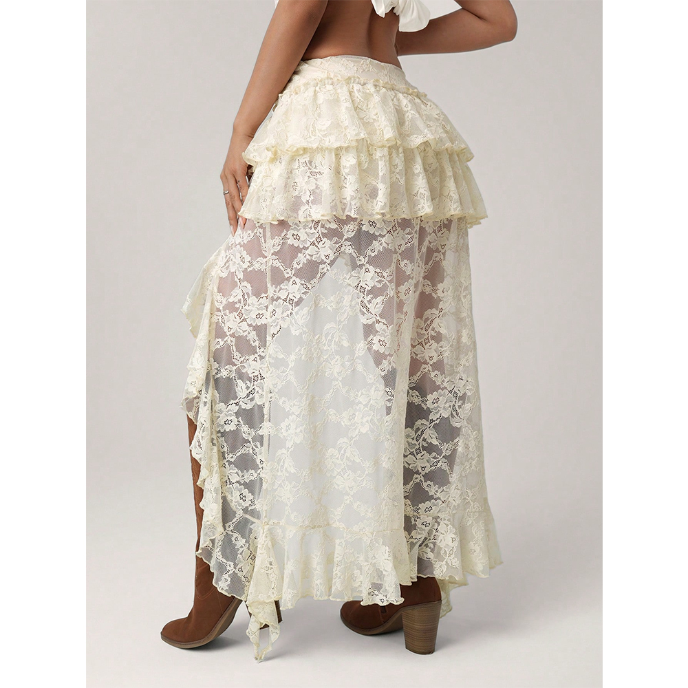 Femmes Vintage Sexy jupes ourlet irrégulier multi-couches volants dentelle Patchwork doux dame Boho maille transparente Maxi jupes Streetwear
