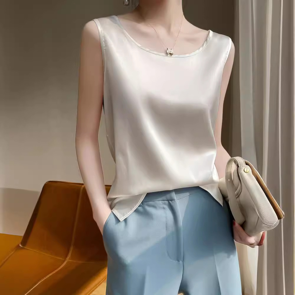 2025 col rond acétate Satin haut femmes soie débardeur femme Satin sans manches chemise bas soie hauts Luxry hauts