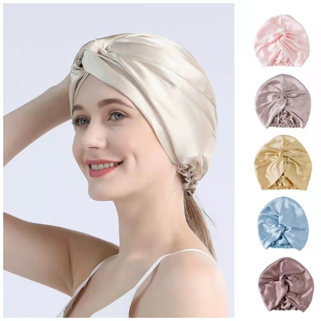 Bonnets Turban en soie de mûrier pour femmes, bonnet de nuit torsadé 19 Momme, bonnet enveloppant de cheveux en soie Pure pour dames bouclées, couvre-chef 100