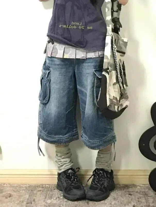 Shorts en jean cargo rétro américain pour femme, style Y2K années 2000, coupe boyfriend, longueur mollet, denim, style japonais Harajuku, mode urbaine