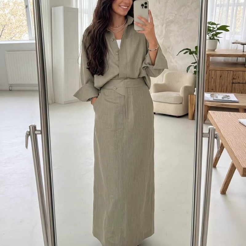Ensemble élégant 2 pièces pour femme : chemise boutonnée oversize et jupe longue taille haute – Tenue décontractée chic pour le printemps