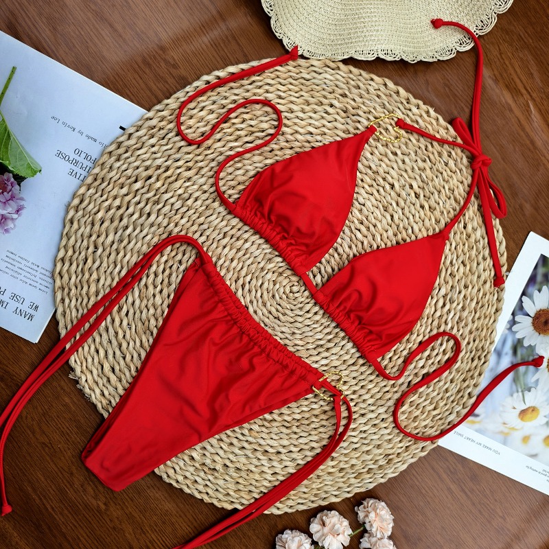 Ensemble de bikinis deux pièces pour femmes, haut de bikini triangle à nouer, bas de maillot de bain brésilien à nouer