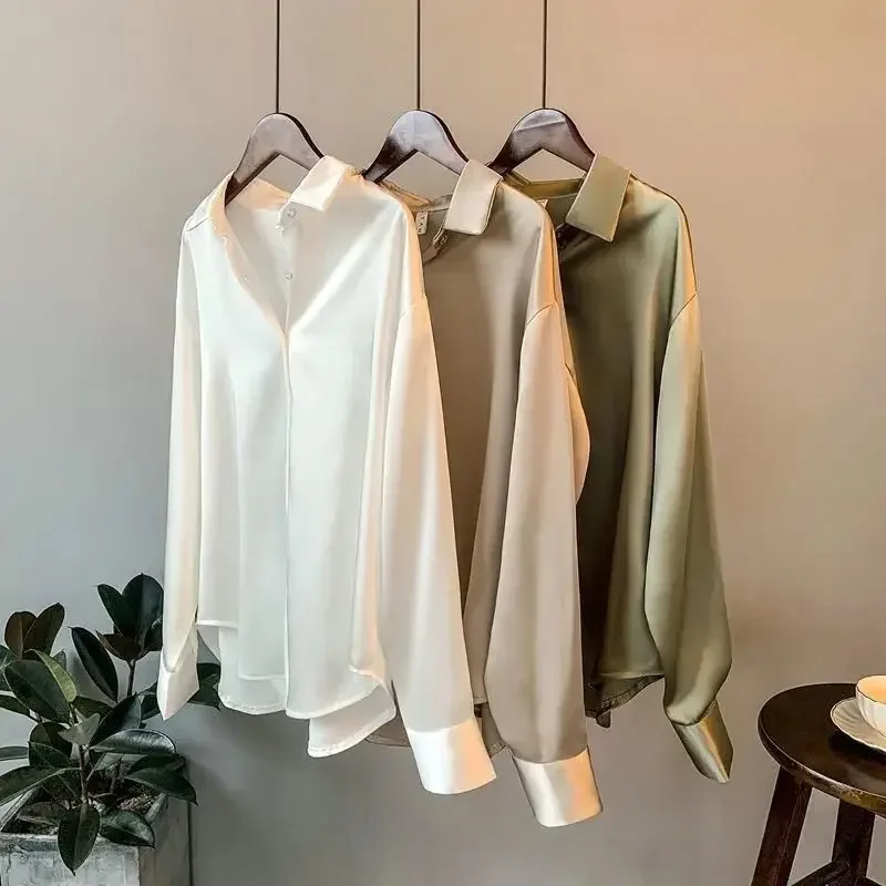 Chemise en soie pour femmes, chemisier Vintage, haut transparent, manches longues, grande taille, surchemise, automne 2022