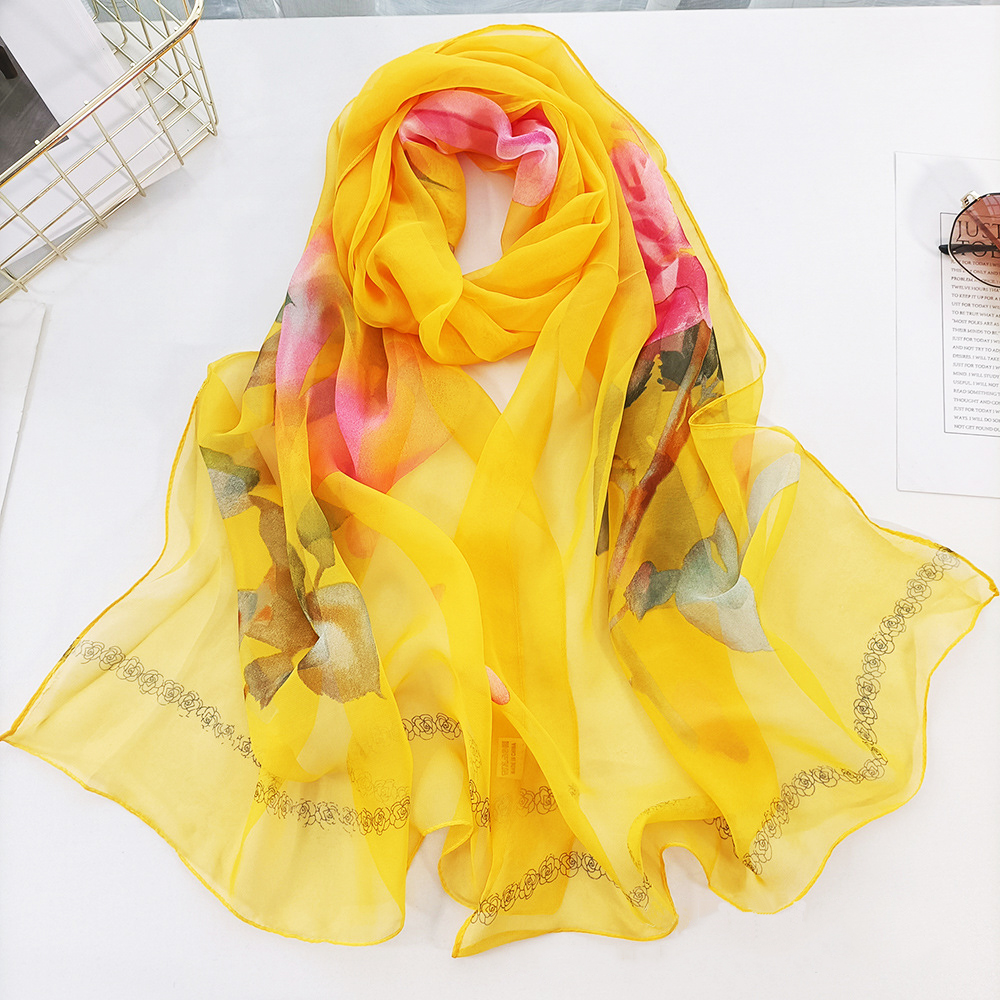 Écharpe en mousseline de soie georgette pour femme, châle long et fin, foulard rond doux, écharpes de plage, foulard féminin, imprimé fleur rose, mode