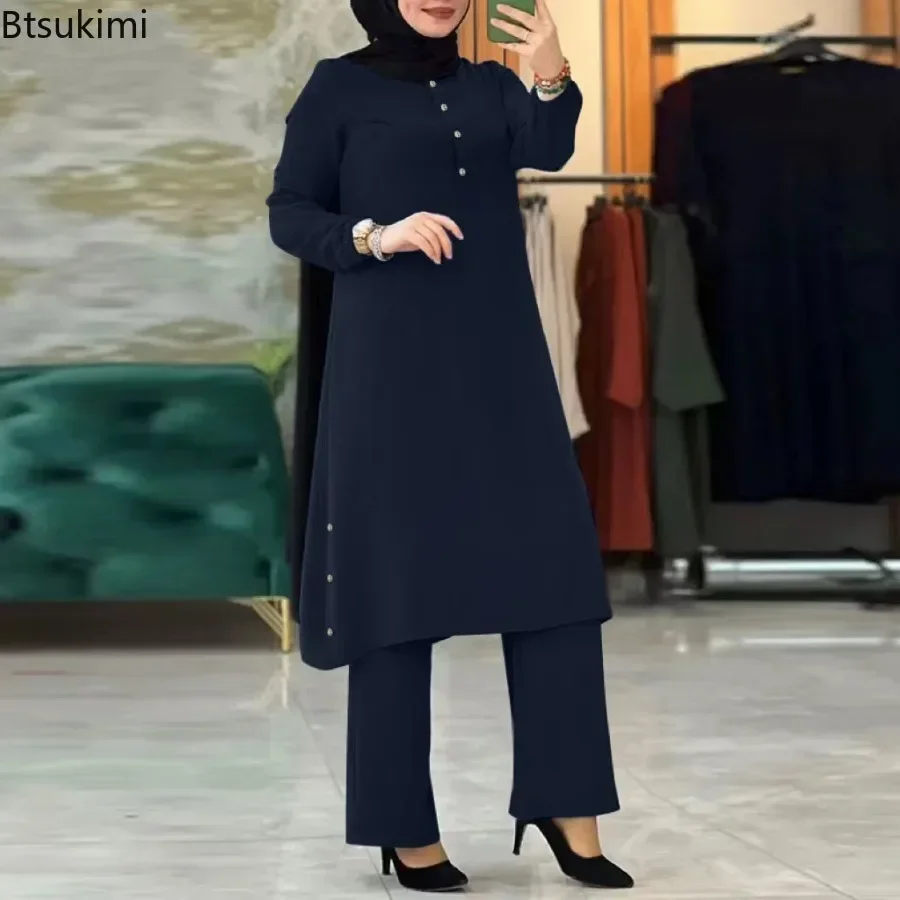 Chemisier arabe pour femmes musulmanes, ensembles assortis, survêtement élégant pour femmes, chemise unie décontractée + pantalon à jambes larges, costume, vêtements modestes