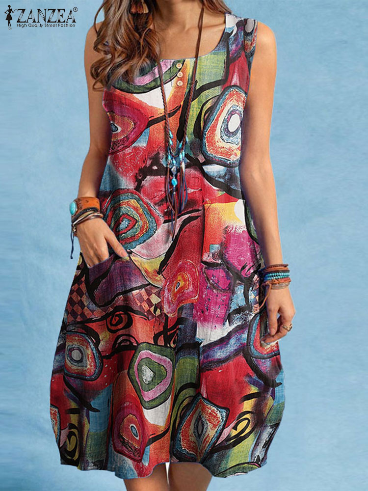 ZANZEA-Robe imprimée bohème à col rond pour femmes, robe de vacances éducative, robe d'été décontractée, fête de vacances, poches