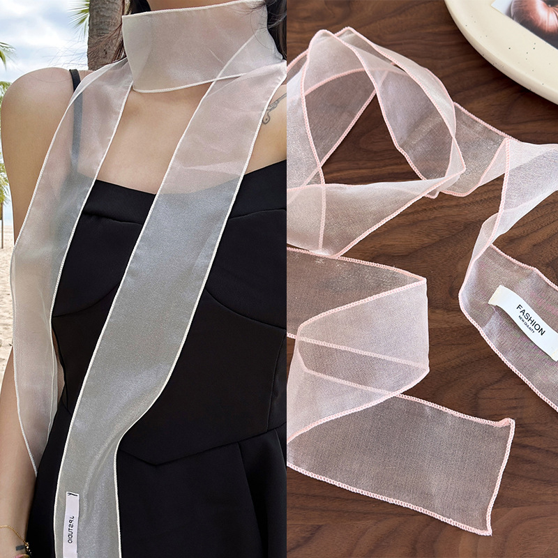 Foulard en fil transparent long et étroit avec ruban, style mode Printemps-Été, pour femmes et filles, idéal pour le shopping, la photographie et comme cadeau