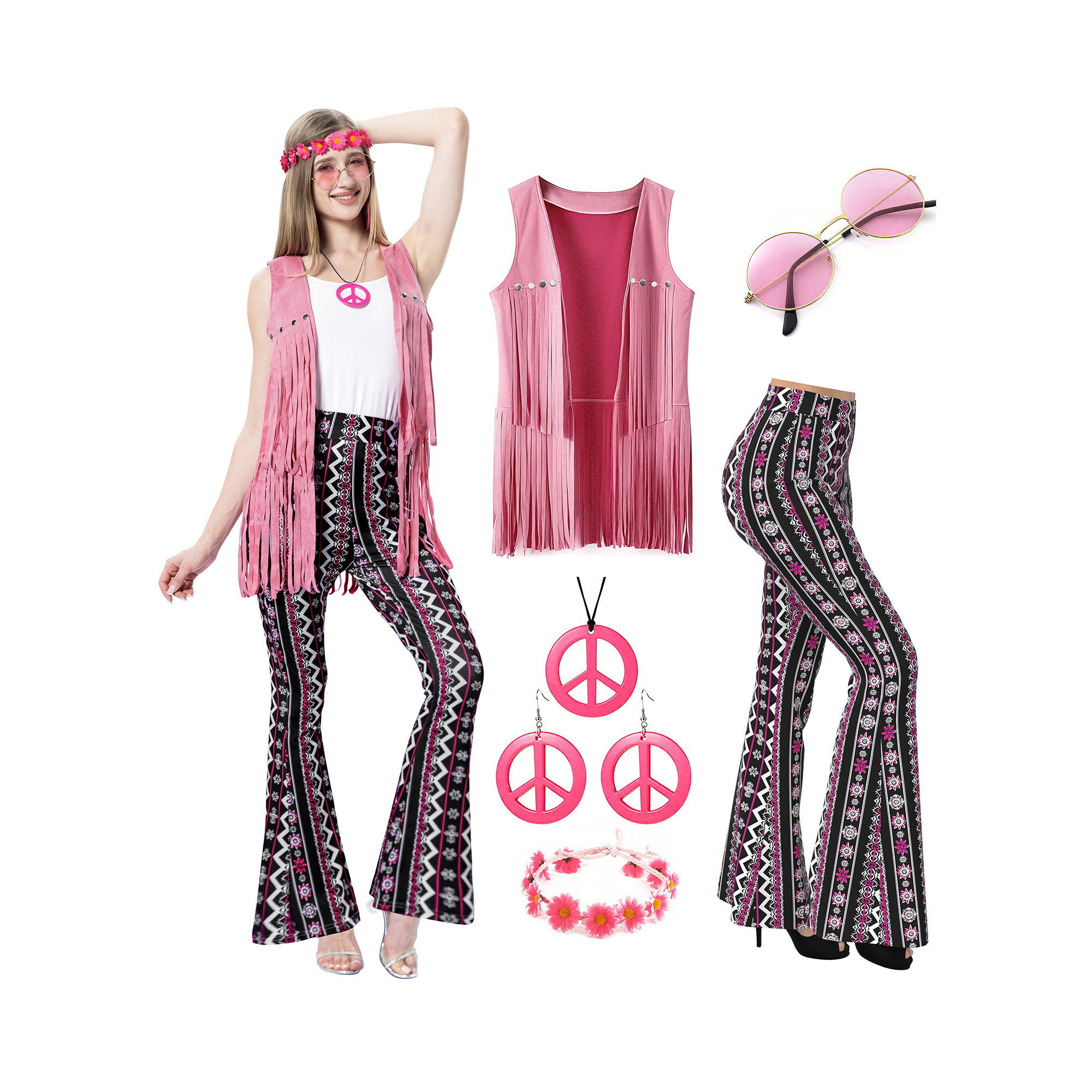 Tenues pour femmes des années 60 et 70, costume hippie rétro, gilet à franges avec signe de paix, ensemble de pantalons évasés pour fête d'Halloween