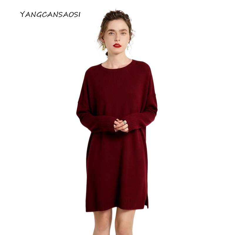 Pull tricoté ample à manches longues et col rond pour femme, vêtement d'automne/hiver, mélange de cachemire 85% soie de mûrier naturelle, 15%