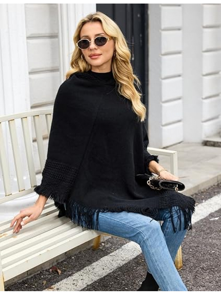 Cape à capuche pour femme avec ourlet à franges, motifs chauds de tricot poncho au crochet pour femme, style gothique à la mode