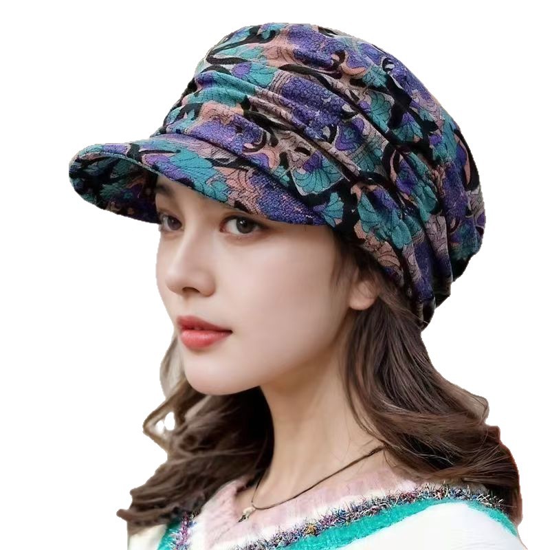 Chapeau Turban Floral pour Femmes avec Visière, Style Ethnique, Idéal pour les Voyages, Hiver, Anti-Vent, Casquette Souple à Bord, Style Vintage, Motif Floral, Usage Quotidien, Casquette à Visière