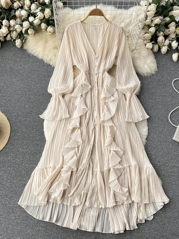 Robe longue plissée en mousseline de soie pour femme, col en V, dentelle, simple boutonnage, robe trapèze, vintage, élégante, plage, cuir chevelu