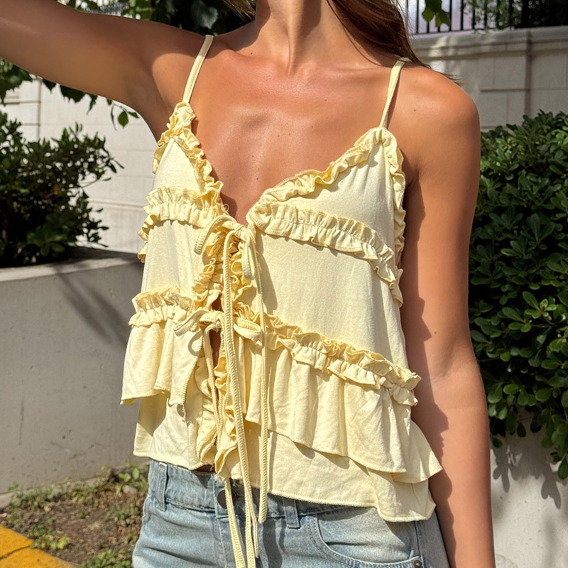 Tops courts à nouer devant pour femmes, style babydoll, bohème, avec bordure à volants, camisole d'été sans manches, coupe ample, débardeur élégant, veste de vacances pour femme