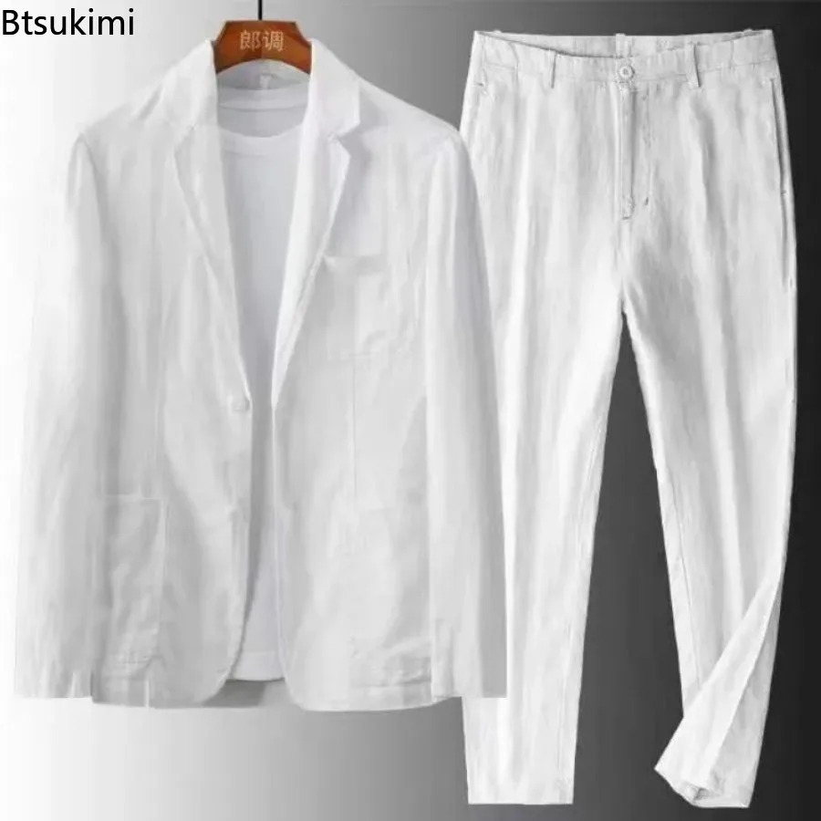 Ensemble décontracté homme printemps-été en coton et lin, deux pièces : veste blazer + pantalon, tenue décontractée et professionnelle, vêtement léger et respirant