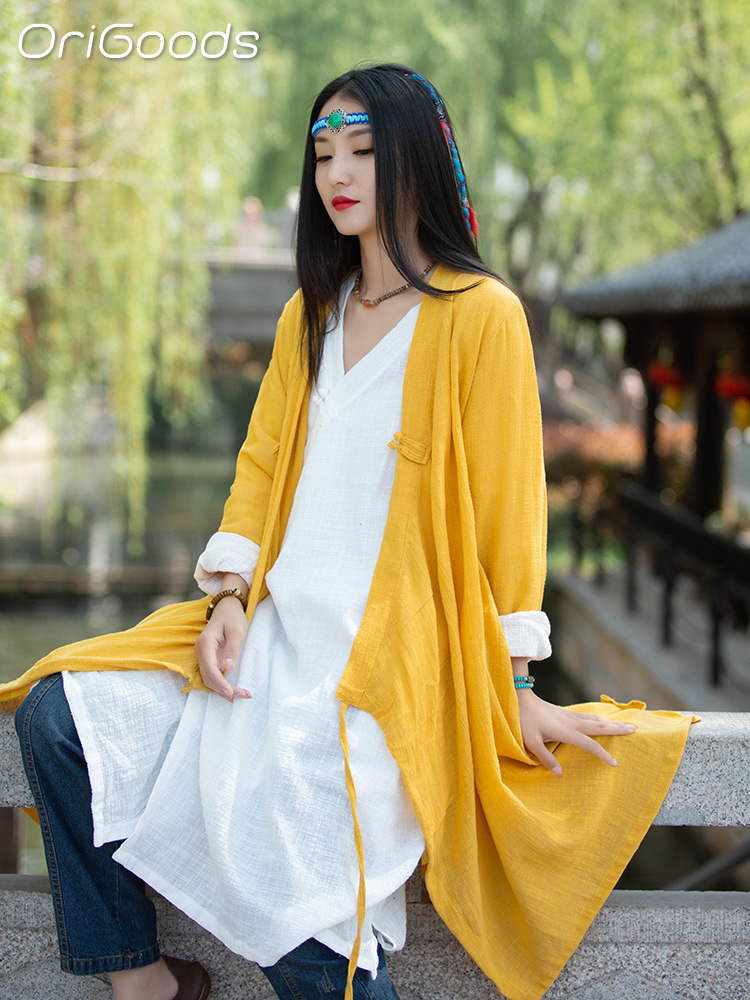 OriGoods femme longue Kimono chemise Style chinois coton chemises élégantes en vrac Zen japon Mori fille femme 2025 été nouveaux hauts B051