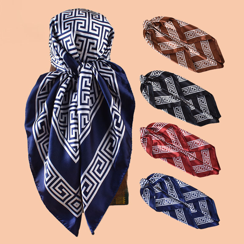 1 pièce Foulard carré en satin à imprimé lettres géométriques pour femme, accessoire de mode printemps, peut être utilisé comme ceinture, sac décoratif ou bandeau en soie