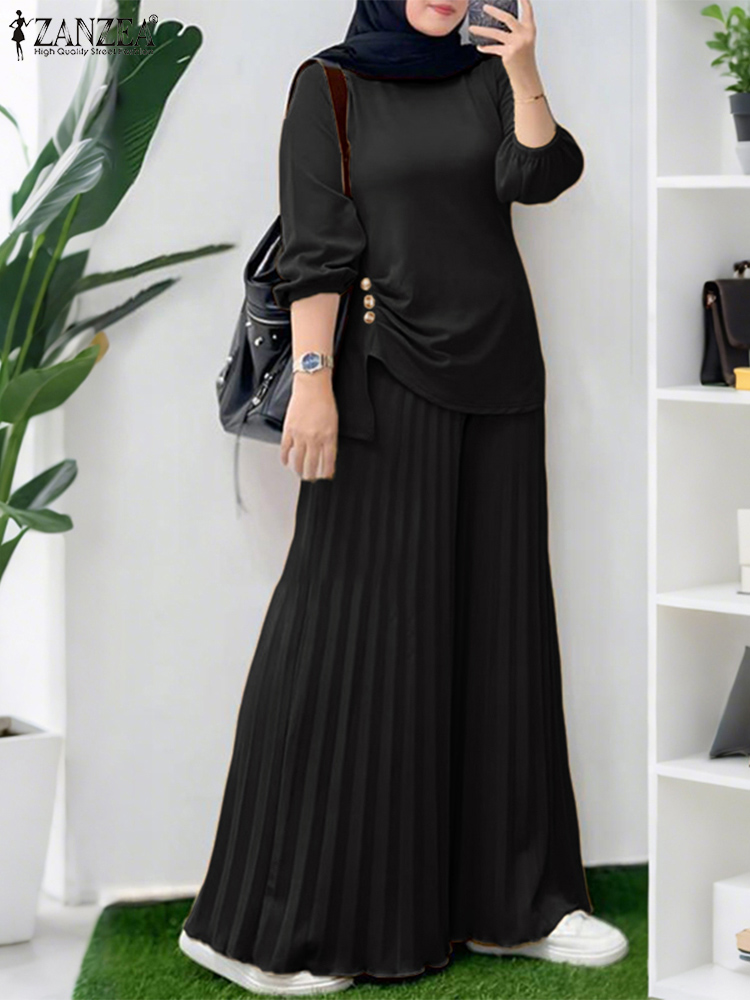 ZANZEA femmes 2025 automne correspondant ensembles décontracté à manches longues hauts pantalon costume tenues musulmanes 2 pièces ensembles solide survêtement ample