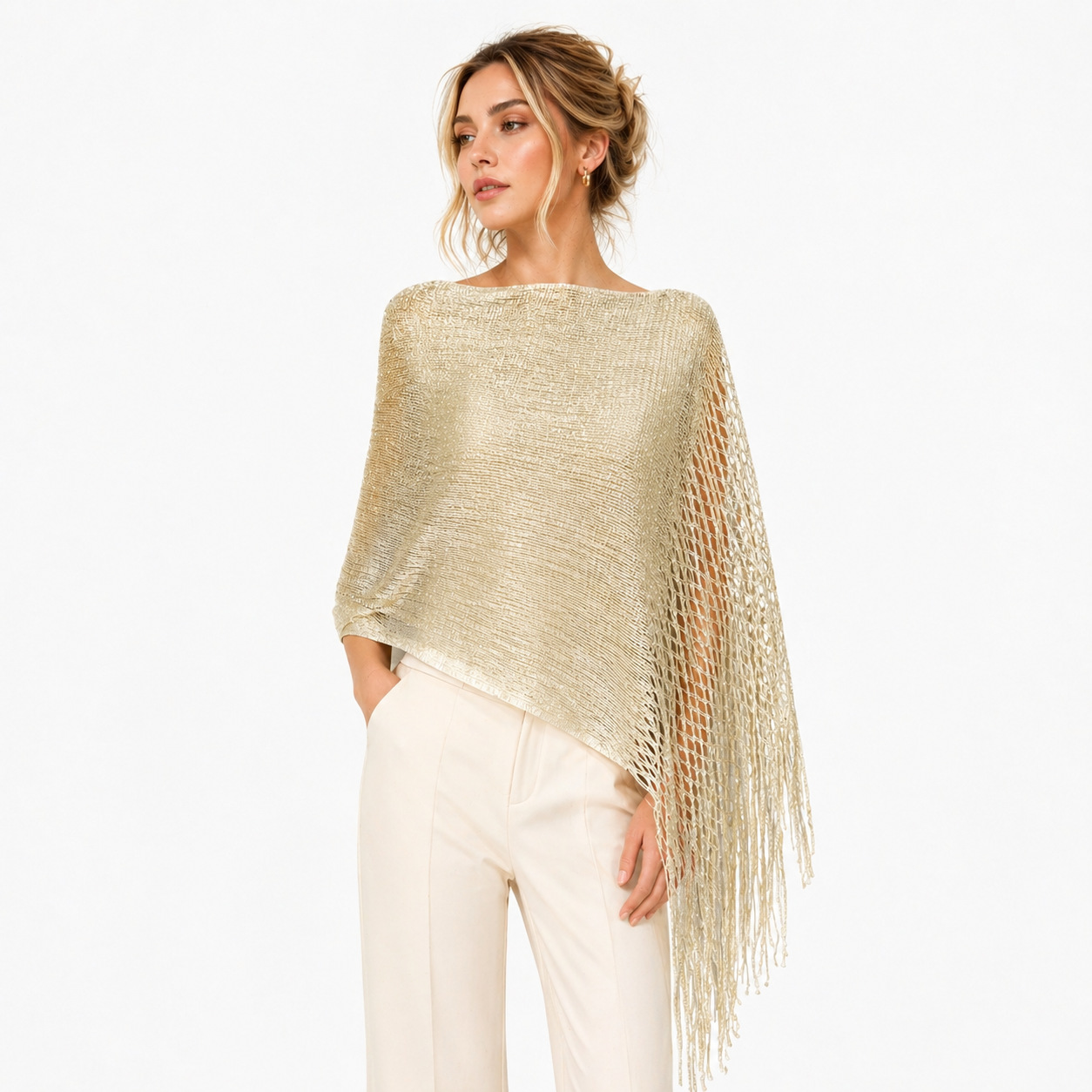 Châle-écharpe en maille ajourée à franges, fil doré et argenté, pour femme - Collection Printemps/Été - Idéal pour les soirées