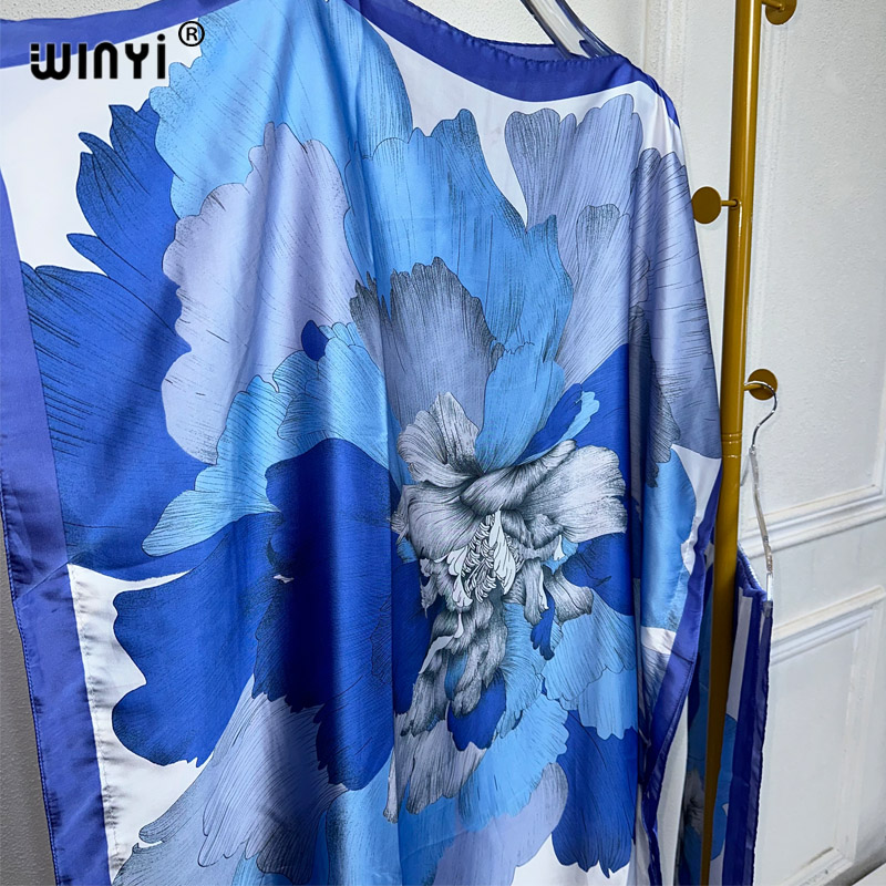 WINYI 2024 Nouvelle Robe Africaine pour Femmes, Imprimé Dashiki Bohème, Robe Longue Ample et Élégante pour Femme Musulmane, Taille Unique, Style Dubaï, avec Foulard