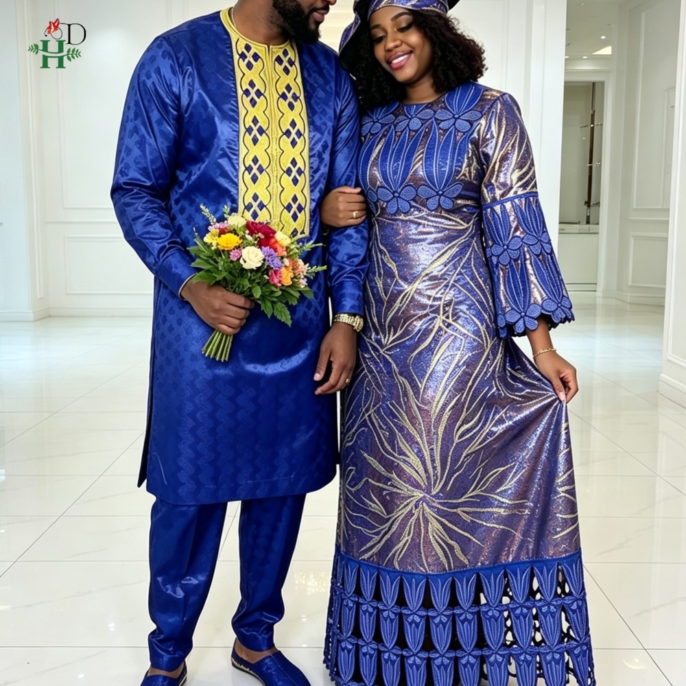 Robes africaines H&D Dashiki pour femmes, vêtements assortis pour couples, tenues de mariage pour hommes, chemise et pantalon Kaftan, ensembles 2 pièces, Bazin Riche