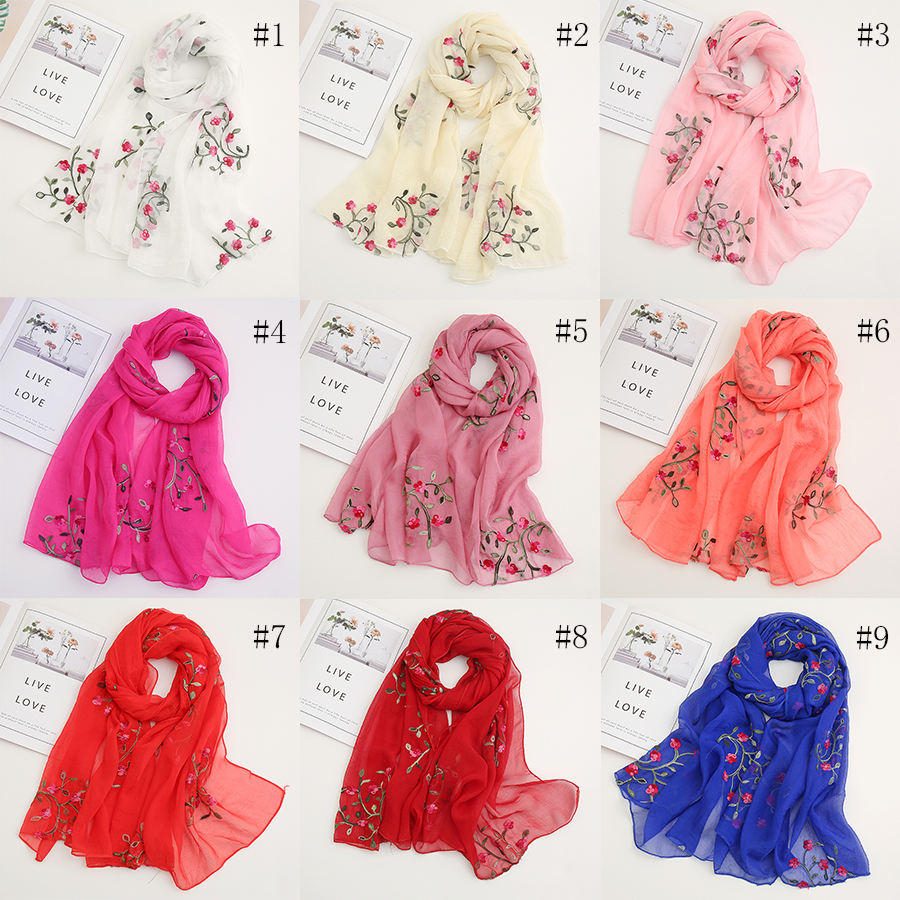 Écharpe Hijabs en mousseline de soie brodée pour femmes musulmanes, longue écharpe de couleur unie, enveloppante islamique, turban de Ramadan, casquette