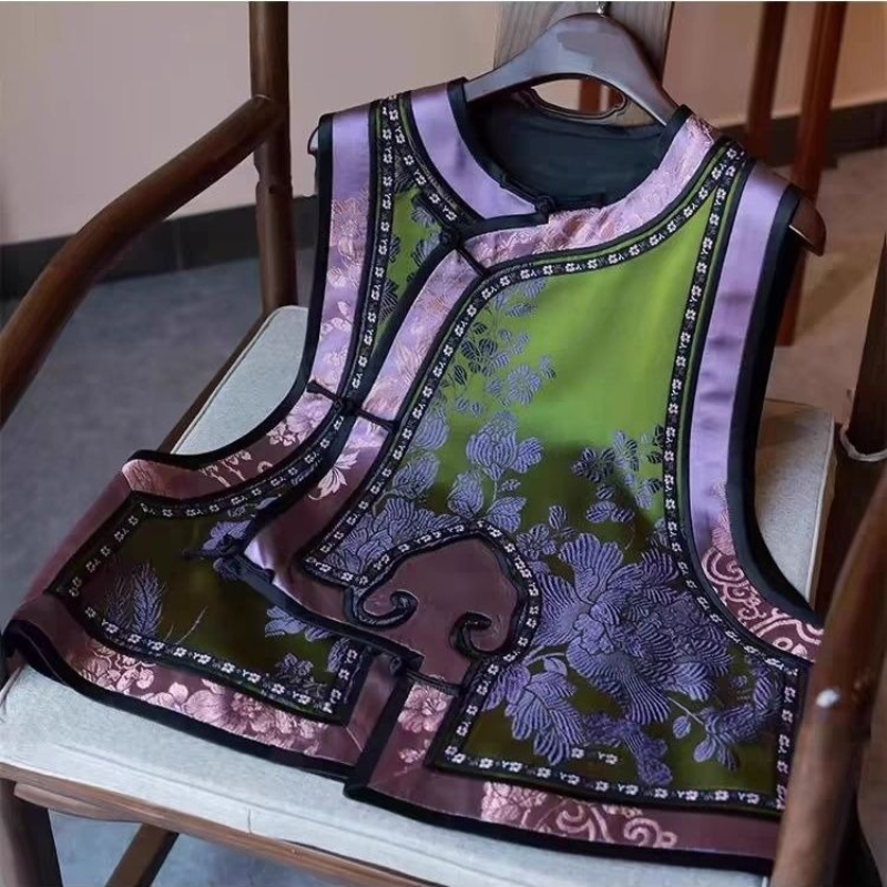 2025 printemps été femmes Vintage imprimé motif Floral vert Imitation soie gilet manteau, femme décontracté chinois Tang gilets manteaux