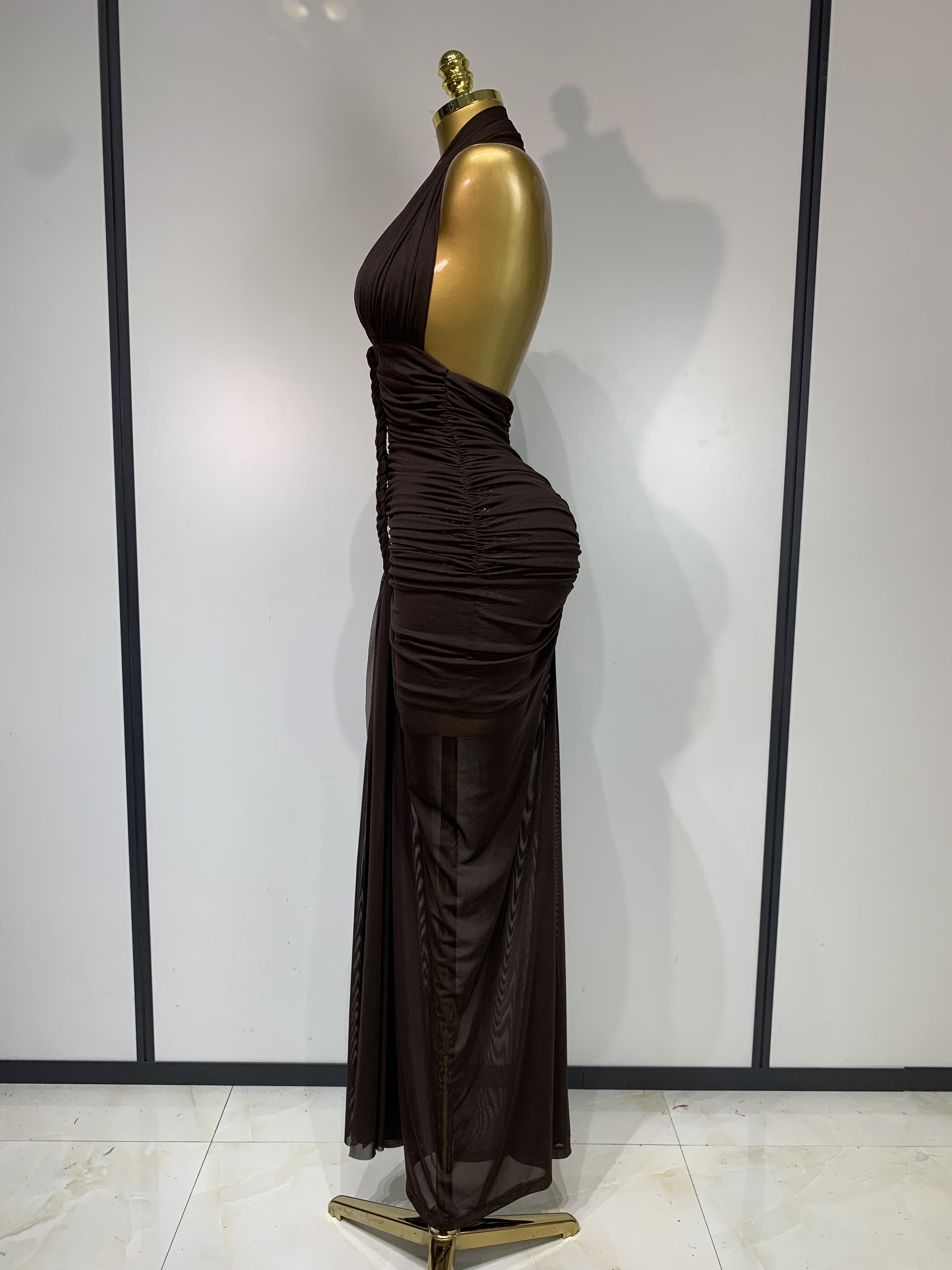 Robe longue marron sexy pour femme, dos nu, froncée, élégante, de soirée, de luxe, pour célébrités, anniversaire, boîte de nuit, cocktail, bal de promo