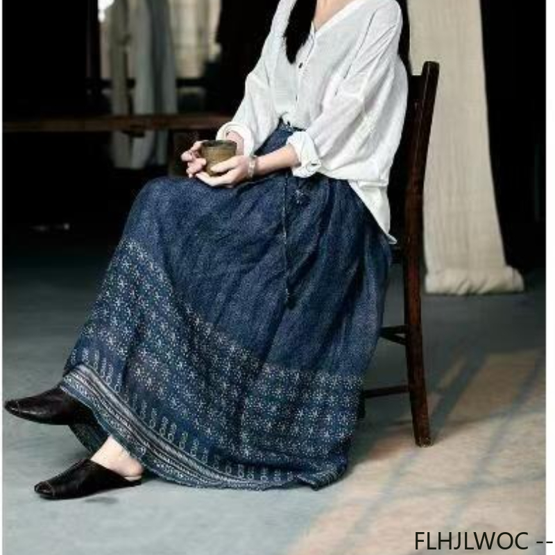 Style ethnique bohème doublé jupes en lin doux rétro Vintage mignon doux filles bleu classique Style thaïlandais longue jupe Maxi