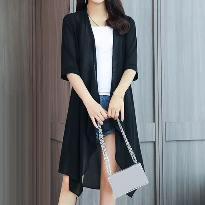 Vêtements d'été de protection solaire pour femmes, cardigan en mousseline de soie, chemisier à demi-manches, chemises pour dames, châle féminin, combinaison mince