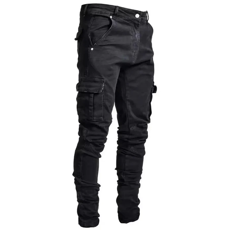 Jeans en denim élastique pour hommes, pantalon cargo multi-poches, coupe slim décontractée, jogging taille moyenne, document monochrome lavé, rue, fjwear, 03/Wear