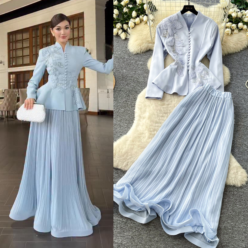 Ensemble 2 Pièces Jupes et Manteau Plissé pour Femme, Tenue de Fête Musulmane, Ensemble Brodé pour Ramadan, Veste Brodée Maroc Dubaï, Tenues Aïd