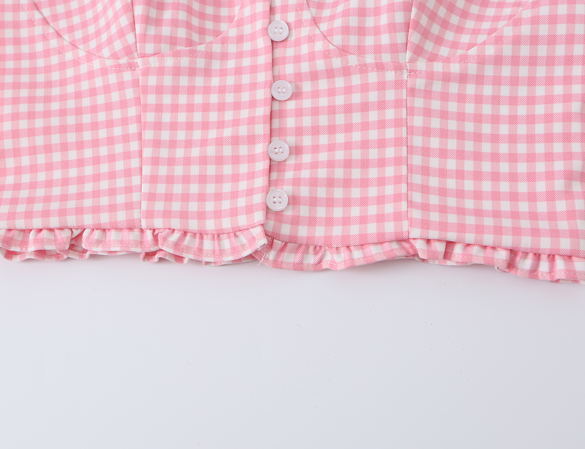 BSAY Coquette Pink Gingham Bustier Crop Top pour femme, débardeur corset à col cœur, fines bretelles, boutons sur le devant et ourlet à volants, style mignon d'été