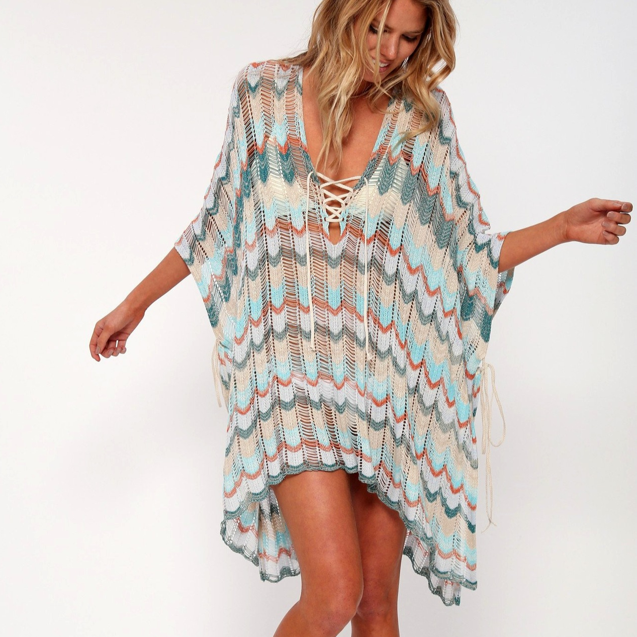Tunique en coton au crochet pour femmes, mini robes, cover-up bikini sexy, évider, décolleté en V profond, à lacets, robe de plage bohème éducative, été