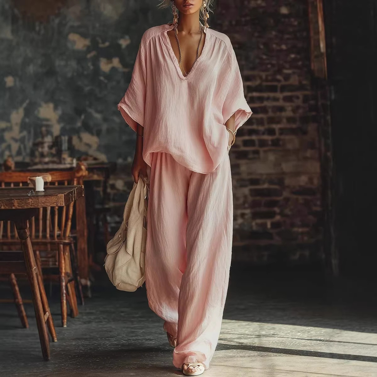 Ensemble de vêtements pour femmes, haut à manches courtes à col en V, pantalon large, style décontracté, pour le printemps et l'été, ensemble de 2 pièces pour les vacances