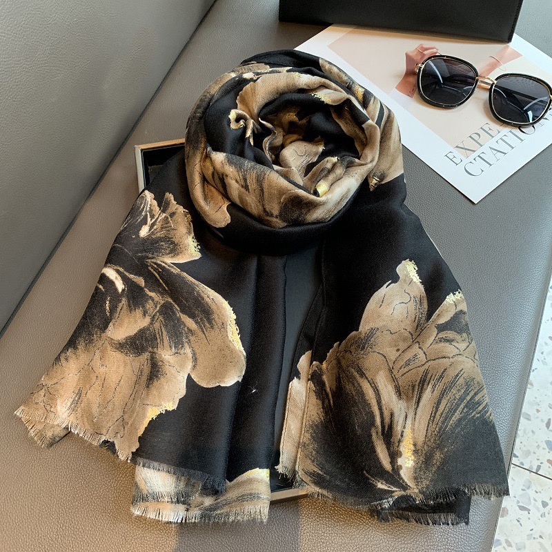 Hiver Floral encre peinture écharpe pétale frange Viscose doux coton châles 180x90 cm pour les femmes voyage décontracté musulman Hijab